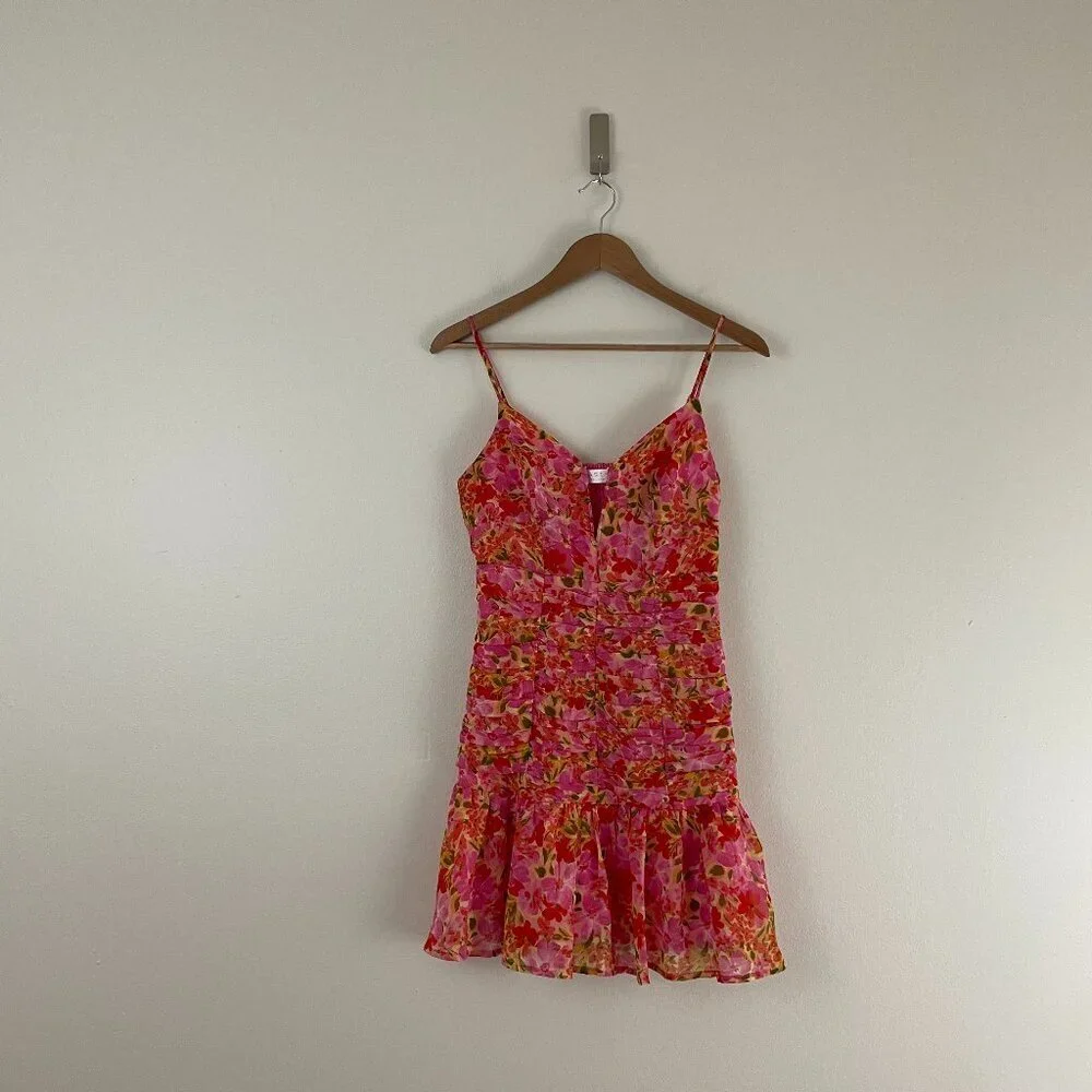 Astr The Label Meg Pink Floral Multi Ruched Mini Dress Size Medium